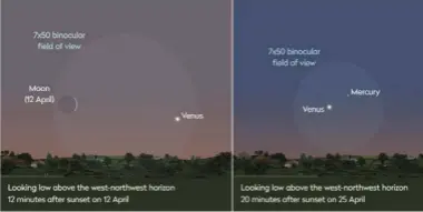  ??  ?? Use binoculars to catch Venus with the Moon on 12 April, and with Mercury on 25 April