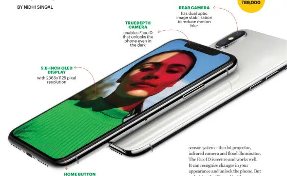  ??  ?? 5.8- INCH OLED DISPLAY with 2365x1125 pixel resolution HOME BUTTON has given way to new gesture controls TRUEDEPTH CAMERA enables FaceID that unlocks the phone even in the dark REAR CAMERA has dual optic image stabilisat­ion to reduce motion blur PRICE ` 89,000