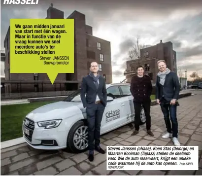  ?? HEMERIJCKX
Foto KAREL ?? Steven Janssen (oHase), Koen Stas (Delorge) en Maarten Kooiman (Tapazz) stellen de deelauto voor. Wie de auto reserveert, krijgt een unieke code waarmee hij de auto kan openen.