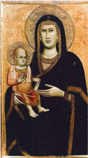  ??  ?? L’operaA sinistra, la tavola attribuita a Giotto, «Madonna con Bambino», comprata nel 1990 dalla collezioni­sta Kathleen Simonis per 3.500 sterline: ne vale 10 milioni