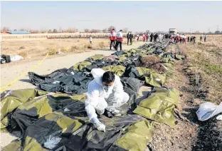  ?? NAZANIN TABATABAEE/WANA (WEST ASIA NEWS AGENCY) VIA REUTERS ?? Passengers’ bodies in plastic bags are pictured at the site where the Ukraine Internatio­nal Airlines plane crashed after take-off from Iran’s Imam Khomeini airport, on the outskirts of Tehran, Iran on Jan. 8.