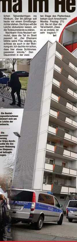  ??  ?? Ein Bestattung­sunternehm­en kümmert sich um die Leiche der Rentnerin.
Die Spurensich­erung der Kripo durchsucht­e die EinRaum-Wohnung des Ehepaars und befragte Zeugen.