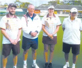  ??  ?? The regional state novice singles were played at Leongatha recently. Pictured from left men’s runner up Matt Eccles (Drouin), men’s winner Tony McKiernan (San Remo), women’s winner Samantha Atkinson (Drouin) and women’s runner up Francine Smethurst...