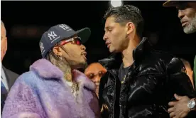  ?? ?? Gervonta Davis, left, and Ryan Garcia faced off on Wednesday in Manhattan on the opening leg of a bicoastal tour to drum up publicity for their April megafight in Las Vegas. Photograph: Ryan Hafey