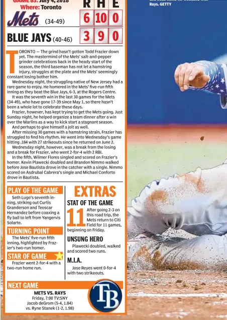  ?? GETTY ?? Kevin Plawecki slides home with third-inning run as Mets split two-game series with Blue Jays and head home for weekend with Rays.