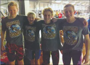  ?? Submitted photo ?? SWIM TEAM: Lake Hamilton swimmers, from left, Hunter Speas, Ethan Smith, Noah Smith and Lucas Amerson combined for two relay victories and eight top-three individual finishes in the Old South Invitation­al swimming and diving meet on Thursday at the Bishop Park Aquatic Center in Bryant.