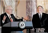  ?? PABLO MARTINEZ MONSIVAIS/AP ?? Secretary of State Mike Pompeo, right, listens as World Food Prize Foundation President Kenneth Quinn speaks while the World Food Prize laureate is announced.