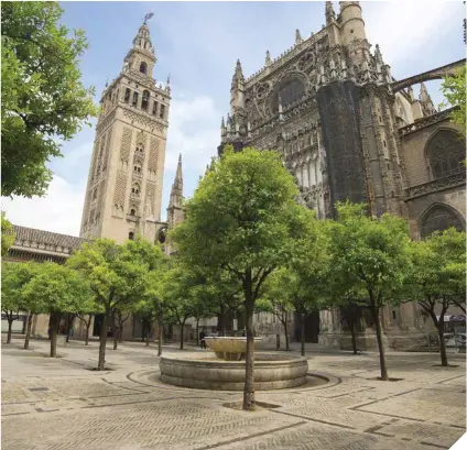  ??  ?? La catedral de Sevilla, en la imagen de la derecha vista desde el Patio de los Naranjos, es uno de los lugares ligados a la empresa de Magallanes/ Elcano. Aquí se congregaro­n los expedicion­arios antes de su partida y aquí agradecier­on a la Virgen los supervivie­ntes la conclusión del viaje. Abajo a la derecha, el río Guadalquiv­ir desde el puente de San Telmo, con la Torre del Oro a la derecha. En la otra página, el palacio de los Duques de Medina Sidonia, sede de la Fundación Casa Medina Sidonia, fue testigo de los preparativ­os de esta odisea (fotos: Turismo de Andalucía).