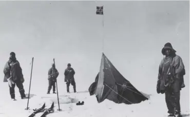  ??  ?? 0 Top, Discovery is now berthed in Dundee as a tourist attraction. Above, Captain Scott’s party discover the tent of rival explorer Roald Amundsen at the South Pole