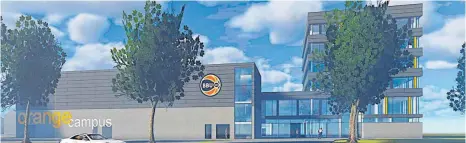  ?? GRAFIK: BBU’01 ?? Ein Modell des „Orange Campus“: Die Ulmer Basketball­er möchten sich mit dem Projekt endlich eine eigene Heimat schaffen.