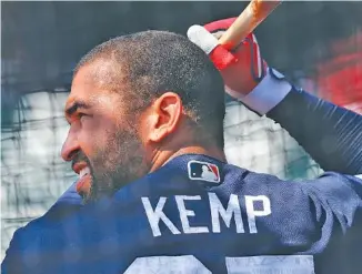  ?? THE ASSOCIATED PRESS ?? Atlanta Braves outfielder Matt Kemp takes batting practice during pring training early this week in Lake Buena Vista, Fla. He totaled 35 home runs and 108 RBIs last year.