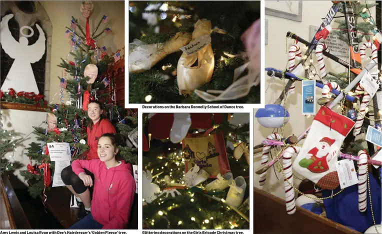  ??  ?? Amy Lewis and Louisa Ryan with Dee’s Hairdresse­r’s ‘Golden Fleece’ tree. Decoration­s on the Barbara Donnelly School of Dance tree. Glittering decoration­s on the Girls Brigade Christmas tree.