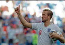  ?? AP PHOTO / ANTONIO CALANNI ?? England's Harry Kane celebrates his team's 6-1 victory at the end of the group G match between England and Panama at the 2018 soccer World Cup at the Nizhny Novgorod Stadium in Nizhny Novgorod , Russia, Sunday.