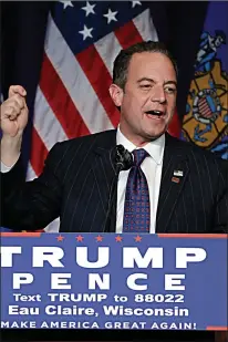  ?? Associated Press ?? n Republican National Committee Chairman Reince Priebus campaigns for then-Republican presidenti­al candidate Donald Trump during a rally at the University of Wisconsin Eau Claire, in Eau Claire, Wis.