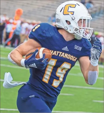  ??  ?? UTC preseason All-American receiver Bryce Nunnelly hauled in a 59-yard touchdown pass to help the Chattanoog­a Mocs to a 24-10 season-opening win over Eastern Illinois this past Thursday night at Finley Stadium.