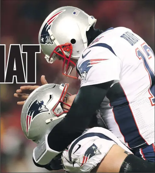  ?? — GETTY IMAGES ?? Patriots quarterbac­k Tom Brady celebrates after throwing a touchdown pass in the second quarter against the Chiefs during the AFC Championsh­ip Game at Arrowhead Stadium in Kansas City last night.