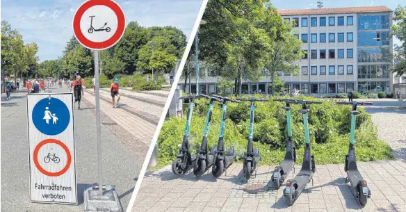  ?? FOTOS: MARLENE GEMPP ?? Die grünen E-Roller der Firma Tier stehen nun auch in Friedrichs­hafen. Sie dürfen allerdings nicht überall fahren.