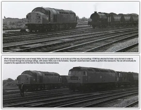  ??  ?? was then   acked onto a set of empty       s,   ut not coupled to them, so as to   e out of the way of proceeding­s. has attached its   rake van to its train in order to draw it forward through the e  change sidings, with si  teen       s now in the formation,     wyneth   would have   een una  le to perform this manoeuvre.   he van will eventually   e coupled to the opposite end of the train for the reasons mentioned a  ove.