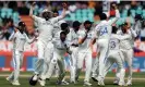  ?? Photograph: Francis Mascarenha­s/Reuters ?? India players celebrate after the vital wicket of England captain Ben Stokes, run out by Shreyas Iyer to leave them 220 for seven chasing 399 to win.