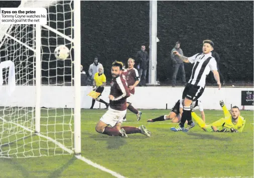  ??  ?? Eyes on the prize Tommy Coyne watches his second goal hit the net