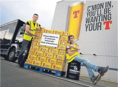  ??  ?? The emergency pallet of Tennent’s ready to be delivered to St Andrews.