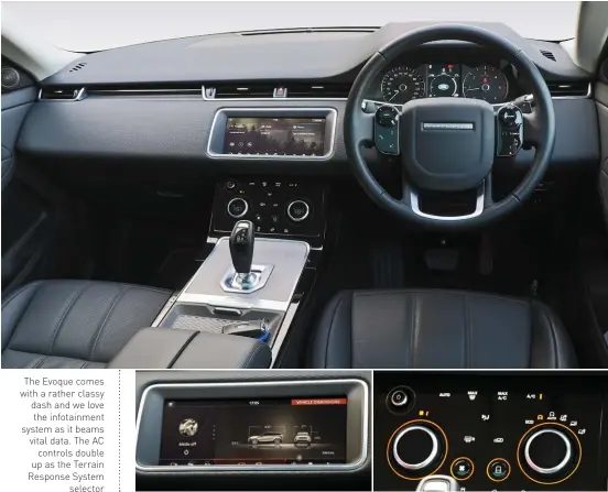  ??  ?? The Evoque comes with a rather classy dash and we love the infotainme­nt system as it beams vital data. The AC
controls double up as the Terrain Response System
selector