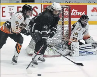  ?? CLIFFORD SKARSTEDT EXAMINER ?? Peterborou­gh Ice Kats senior BB's Jen Ayres picks up the puck next to Orangevill­e Tigers' goalie Natasa Dojcinovic during Senior A Division action at the 38th annual Peterborou­gh Ice Kats tournament on Saturday.