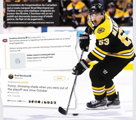  ?? PHOTO D’ARCHIVES ET CAPTURES D’ÉCRAN TWEETER ?? Le membre de l’organisati­on du Canadien qui a voulu narguer Brad Marchand sur Twitter a reçu une réplique cinglante du joueur des Bruins. L’humour est un art subtil qui demande beaucoup d’intelligen­ce, de flair et de jugement...