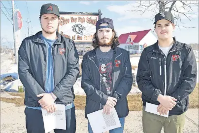  ?? SHARON MONTGOMERY-DUPE/CAPE BRETON POST ?? Members of the Glace Bay High School Panthers, from left, Kaine Drake, Logan Bresowar and Connor Campbell stand by the entrance to the high school on Reserve Street, Friday. The hockey players are holding letters they have written to school...