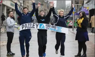  ??  ?? Hector Fernandez, running manager at Decathlon, Braehead, with athletes Derek Hawkins, Ross Paterson and Gemma Rankin, and Lisa-Marie Hughes, chairperso­n of Renfrewshi­re Leisure, launch the race countdown