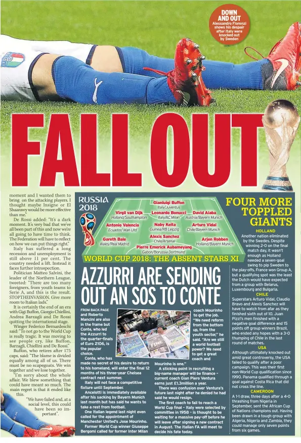  ??  ?? DOWN AND OUT Alessandro Florenzi shows his despair after Italy were knocked out by Sweden