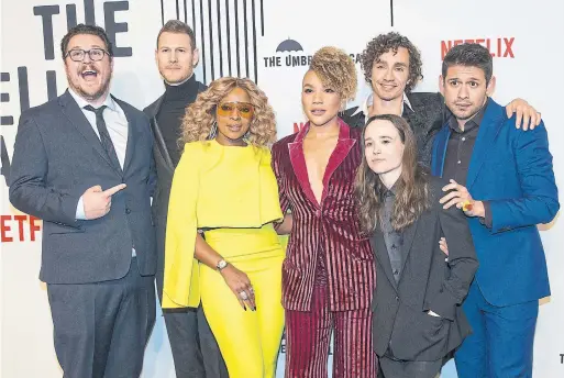  ?? RICK MADONIK TORONTO STAR ?? From left, Cameron Britton, Tom Hopper, Mary J Blige, Emmy Raver-Lampman, Robert Sheehan, Ellen Page and David Castaneda star in The Umbrella Academy.