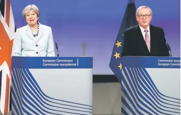  ??  ?? May and Juncker hold a news conference at the EC headquarte­rs in Brussels, Belgium. — Reuters photo