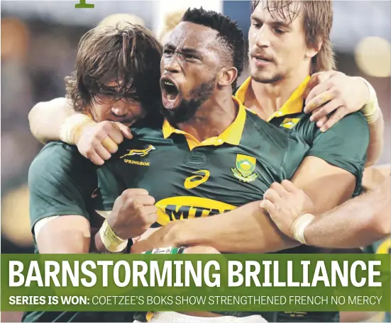  ?? Picture: AFP ?? PASSION. Springbok flank Siya Kolisi is mobbed by team-mates after scoring a try against France in Durban on Saturday.