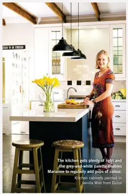  ??  ?? The kitchen gets plenty of light and the grey-and-white palette enables Marianne to regularly add pops of colour. Kitchen cabinets painted in Vanilla Mist from Dulux