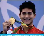  ?? ?? RIO DE JANEIRO: (FILES) Singapore’s Joseph Schooling poses with his gold medal on the podium of the Men’s
T )\[[LYÅ` -PUHS K\YPUN [OL Z^PTTPUN L]LU[ H[ [OL Rio 2016 Olympic Games at the Olympic Aquatics Stadium in Rio de Janeiro on August 12, 2016. — AFP