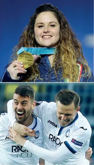  ??  ?? Dall’alto: Michela Moioli mostra l’oro olimpico. Spinazzola e Ilicic dopo uno dei gol al Borussia