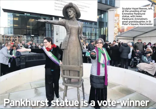  ??  ?? Emmeline Pankhurst statue, with Helen Pankhurst, Emmeline’s great granddaugh­ter, in St Peter’s Square, Manchester