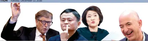  ?? CHINA DAILY AND REUTERS ?? (From left) former Microsoft CEO Bill Gates, Chairman of Alibaba Group Holding Ltd Jack Ma, Soho China Ltd CEO Zhang Xin and Amazon.com Inc founder Jeff Bezos are among the 20 global business luminaries investing in Breakthrou­gh Energy Ventures.