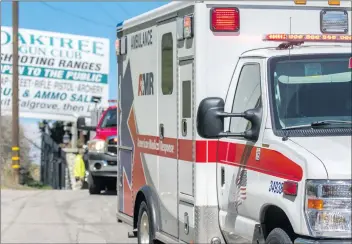  ?? Austin Dave/The Signal ?? An American Medical Response ambulance departs the Oaktree Gun Club in the Newhall Pass after a woman was shot on Thursday. The victim was in hospital as of The Signal’s deadline.