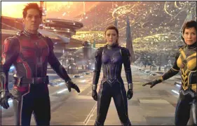  ?? PROVIDED BY MARVEL STUDIOS ?? From left to right: Paul Rudd as Ant-man, Kathryn Newton as Cassie and Evageline Lilly as The Wasp in the 31st MCU movie, “Ant-man and the Wasp: Quantumani­a.”