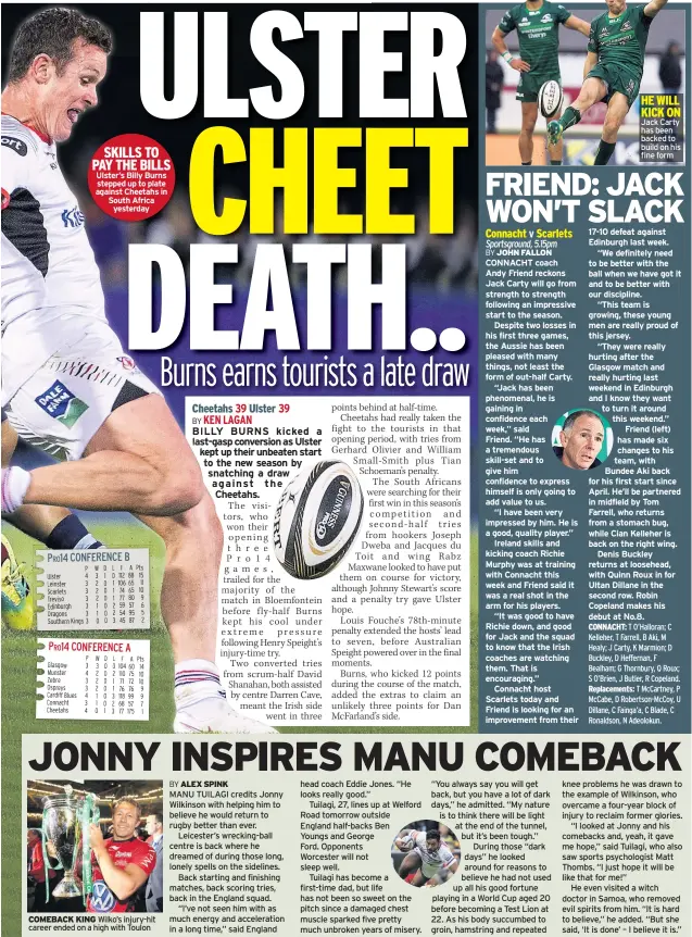  ??  ?? SKILLS TO PAY THE BILLS Ulster’s Billy Burns stepped up to plate against Cheetahs in South Africa yesterday COMEBACK KING Wilko’s injury-hit career ended on a high with Toulon CONNACHT: Replacemen­ts: HE WILL KICK ON Jack Carty has been backed to build on his fine form