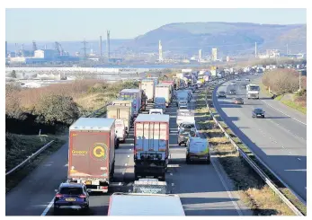  ??  ?? Traffic queuing on the M4 westbound near the Pyle junction towards Margam