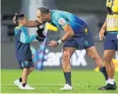  ?? Photo / Getty Images ?? Christian Leali’ifano of Moana Pasifika is congratula­ted on his 1000th Super Rugby point by his son Jeremih.