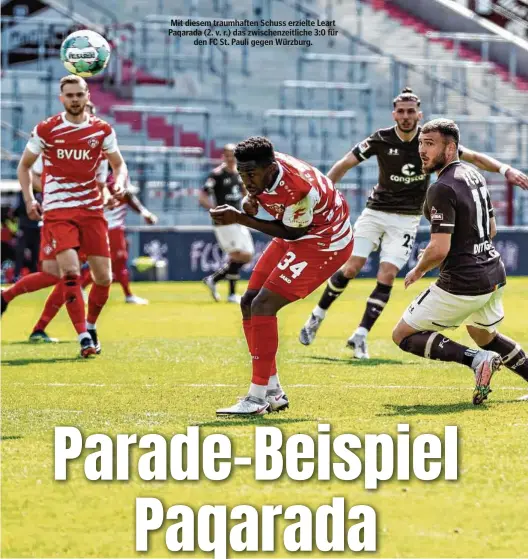  ??  ?? Mit diesem traumhafte­n Schuss erzielte Leart Paqarada (2. v. r.) das zwischenze­itliche 3:0 für den FC St. Pauli gegen Würzburg.