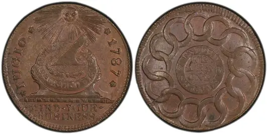  ?? COURTESY OF PCGS TRUEVIEW. ?? Bottom Left: 1933 Saint-Gaudens Double Eagle. COURTESY OF SOTHEBY’S Top Right: This specimen of the
1787 Fugio Cent, a variety known as United Above, States Below, is highly coveted among collectors and belongs to a popular series PCGS is reclassify­ing as a regulariss­ue coin.