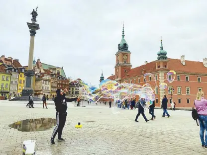  ?? ?? Postcard view: Blowing bubbles in Warsaw’s Castle Square with the Zygmunt III Waza Column at left and Royal Castle on the right