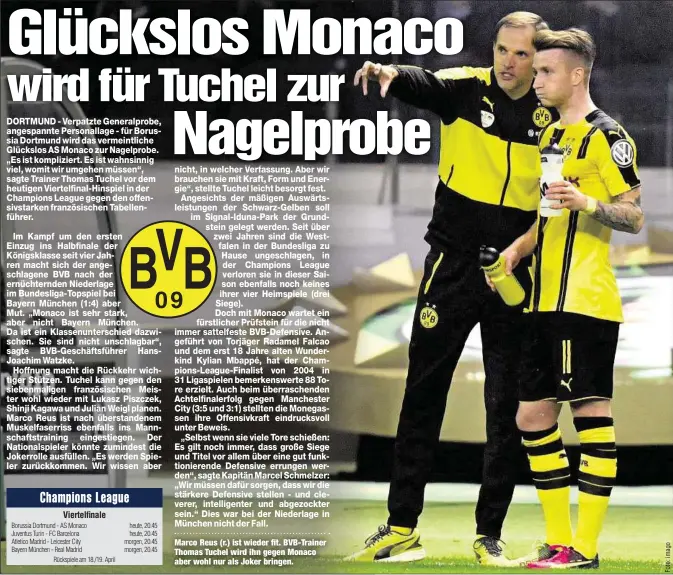  ??  ?? Marco Reus (r.) ist wieder fit. BVB-Trainer Thomas Tuchel wird ihn gegen Monaco aber wohl nur als Joker bringen.