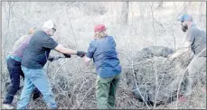  ?? Keith Bryant/The Weekly Vista ?? Mary Anne Wehrle (left) works with Jim Richardson, Lisa Winfield and Joshua James to lift a tractor tire off a small tree during a trailside cleanup organized by Arkansas Master Naturalist­s last Thursday.