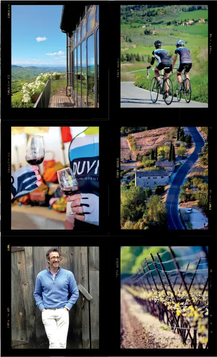  ??  ?? Divine DuVine! CLOCKWISE FROM TOP LEFT: European bike tours include stops in Swiss châteaux; cycling through the countrysid­e in the South of France; exclusive vineyard access in Provence; founder Andy Levine; tastings are central to the DuVine experience.